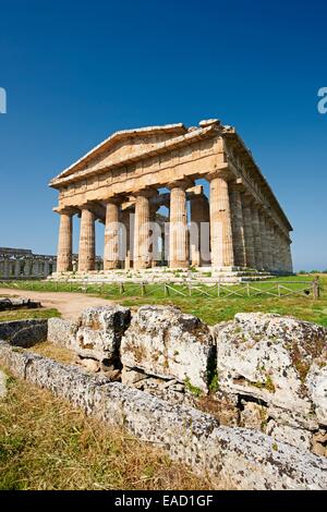 Die alten Dorischen griechischen Tempel der Hera, 460-450 v. Chr., Paestum archäologische Stätte, capaccio Paestum, Kampanien, Italien Stockfoto