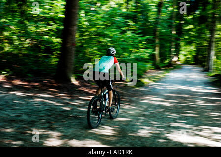 Frau auf einem Mountainbike auf dem Forstweg Trail im Feldafinger Park, Feldafing, Upper Bavaria, Bavaria, Germany Stockfoto