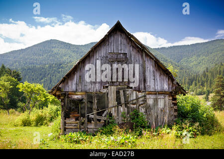 Alte hölzerne verlassene Haus in Karpaten. Ukraine. Stockfoto