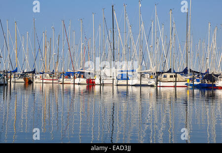 Segelboote in einer Marina, Heiligenhafen, Schleswig-Holstein, Deutschland Stockfoto