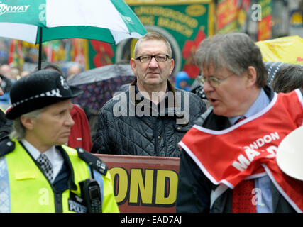 Maifeiertag, 2014, London. Gewerkschaft März von Clerkenwell Grün zum Trafalgar Square. Len McCluskey, Gen Sekretärin vereinen Stockfoto