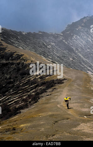 Ein Bergmann trägt Schwefel Felsen auf seiner Schulter auf Mount Ijen Grat. Stockfoto