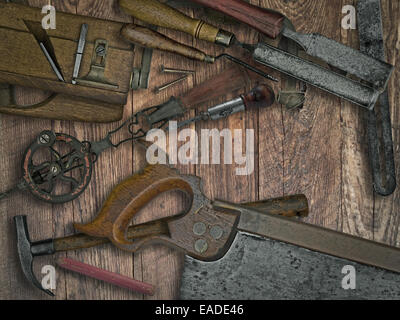 verblasste Farben von Vintage Holzbearbeitungswerkzeugen auf Holzbank, Platz für Ihren text Stockfoto