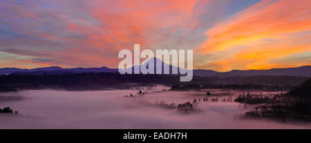 Vor Sonnenaufgang über dem Mount Hood mit Nebel über Sandy River aus Jonsrud Sicht in Oregon Panorama Stockfoto