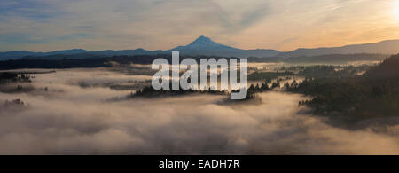 Sonnenaufgang über dem Mount Hood und nebligen Sandy River in Oregon Panorama Stockfoto