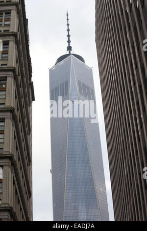 New York City, NY, USA. 12. November 2014. Zwei Fenster-Scheiben, die von der Seite des World Trade Centers blieben baumelt, nachdem ihre Gerüste eine 68 Stockwerke hoch Fehlfunktion. Feuerwehrmänner brachen ein Fenster im 68. Stock, später die beiden Männer aus dem Gerüst zu retten. Der Arbeitnehmer hatte das Gebäude gegangen, wenn eines der motorisierten Kabel unterstützen das Gerüst eingerastet oder kam locker. One World Trade wiedereröffnet letzte Woche mit neuen Mietern nur Umzug in das Gebäude, das die Twin Towers ersetzt. Bildnachweis: Krista Kennell/ZUMA Draht/Alamy Live-Nachrichten Stockfoto