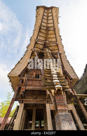 Details der hervorragenden lokalen Architektur, Holzschnitzereien, Gemälde und traditionelle Dekoration mit Büffelhörnern in Tana Toraja Stockfoto