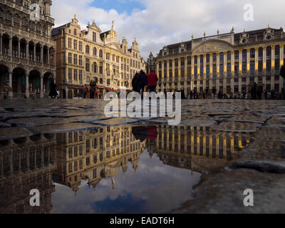 Reich verzierte Gebäude des Grand Place in Brüssel spiegelt sich auf einem Wasser Pfütze, Belgien, Europa Stockfoto