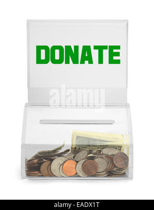 Durchsichtigen Kunststoff Spendenbox mit Geld, Isolated on White Background. Stockfoto