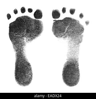 Schwarz Baby Foot Prints isoliert auf weißem Hintergrund. Stockfoto