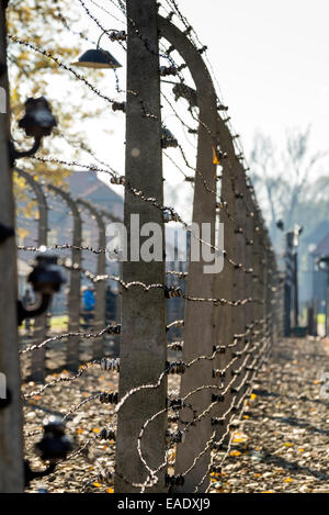 AUSCHWITZ, Polen - 25. Oktober 2014: Stacheldraht im Konzentrationslager Auschwitz war das größte der deutschen Nazi-konzen Stockfoto