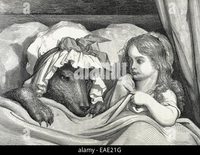 Charles Perrault (1628-1703). Französischer Schriftsteller. Little Red Riding Hood erstaunt um zu sehen, wie ihre Großmutter aussieht. Gravur. Stockfoto