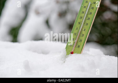 Thermometer in schneebedeckten Feld markiert Temperaturen unter dem Gefrierpunkt Stockfoto
