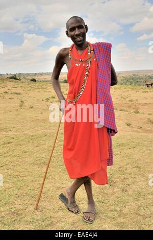 Maasai in typischen Pose auf einem Bein, Massai Mara, Enkutoto, Serengeti, Provinz Rift Valley, Kenia Stockfoto