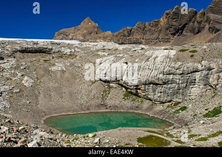 See der grünen Schmelzwasser in einer Doline oder Doline in der Endmoräne des Gletschers Tsanfleuron am Sanetsch Pass Stockfoto