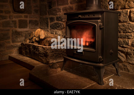 Holzverbrennung Herd und meldet sich in einem Ferienhaus Wohnzimmer. Stockfoto