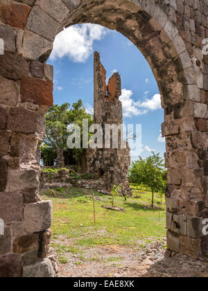 Nevis Heritage Centre, Brink Brennofen, Zucker-Plantage Besucher Kultur, Attraktion. verfallene Gebäude eingerahmt durch offene Tür. Stockfoto