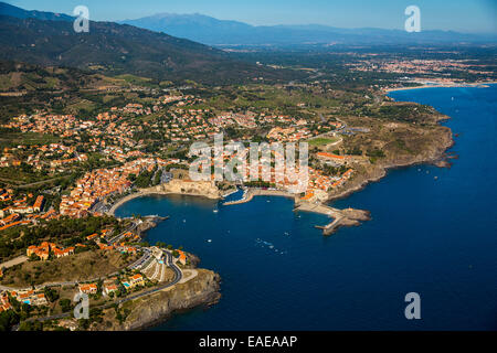 Luftbild, königliche Festung Château Royal de Collioure, Port von Collioure, Languedoc-Roussillon, Frankreich Stockfoto