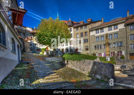 Gericht-Chemin Treppen in Freiburg Altstadt bis zum Tag, Schweiz, HDR Stockfoto