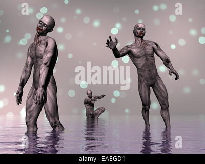 Drei Zombie zu Fuß in Wasser in Bokeh Hintergrund für Halloween - 3D render Stockfoto