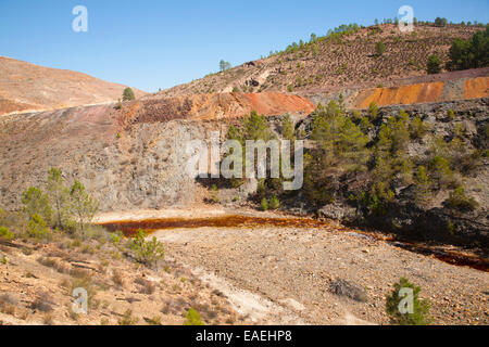 Blutrot beladenen Mineralwasser im Fluss Rio Tinto im Minas de Riotinto Bergbaugebiet, Provinz Huelva, Spanien Stockfoto