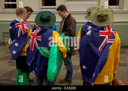 Australian Rugby Unoin Supporterd vor dem Eröffnungsspiel der "Herbst International Sesaon" zwischen Wales und Australien. Stockfoto