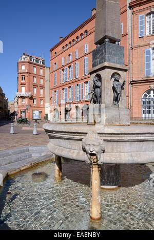 Straße-Brunnen und rotem Backstein oder Backstein-Architektur auf Platz Etienne Toulouse Frankreich Stockfoto
