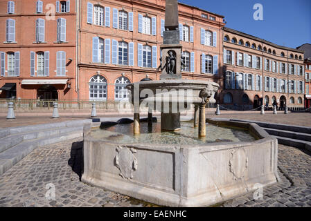 Straße Brunnen im Ort Etienne und roten Backsteinfassaden der terrassenförmig angelegten Reihenhäuser Toulouse Frankreich Stockfoto