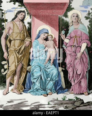 Die Jungfrau und das Kind mit der Magdalena und Johannes dem Täufer. Kupferstich von Orrinsmith. Farbige. Stockfoto