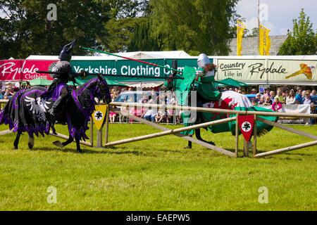 Ein Ritter zu Pferd Fechten im Show-Ring. Ritter der verdammten Ritterturniere Anzeige. Skelton Show, Cumbria, England, UK. Stockfoto