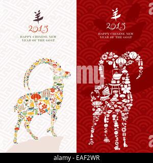 Chinese New Year 2015 von der Ziege Grußkarten mit orientalischen Symbole Form Zusammensetzung festgelegt. Orientalische geometrische Symbol Textur ba Stockfoto