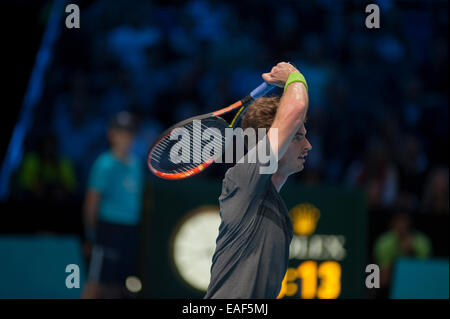 O2 Arena, London, UK. 13. November 2014. Barclays ATP round Robin-Match Singles Spieler Roger FEDERER (SUI) gegen Andy MURRAY (GBR). Bildnachweis: Malcolm Park Leitartikel/Alamy Live-Nachrichten Stockfoto