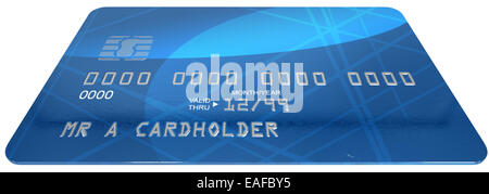 Eine extreme Nahaufnahme einer blauen generische Kunststoff Kreditkarte mit Chip auf eine isolierte Studio-Hintergrund Stockfoto