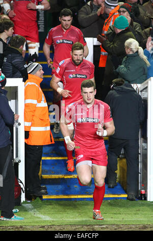 Leicester, UK. 16. Januar 2015. Europäische Rugby Champions Cup. Leicester Tigers gegen Scarlets. Scarlets Kapitän Scott Williams führt sein Team. Bildnachweis: Aktion Plus Sport/Alamy Live-Nachrichten Stockfoto