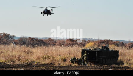 AH-64E, Apache Guardian, 30. Oktober 2014, Hokkaido, Japan: US Army AH-64E Apache Guardian nehmen Teil in die gemeinsame Militärübung "Orient Shield 2014" mit japanischen Ground Self Defense Force bei Hokkaido große Training Bereich am 30. Oktober 2014. © AFLO/Alamy Live-Nachrichten Stockfoto