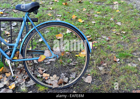 Altes Fahrrad im Park unter den Bäumen geparkt Stockfoto