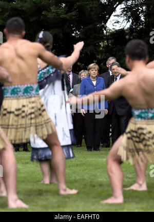 Auckland, Neuseeland. 14. November 2014. Bundeskanzlerin Angela Merkel (CDU, C) wird mit den Maori Begrüßungszeremonie nach ihrer Ankunft in Auckland, New Zealand, 14. November 2014 begrüßt. Merkel besuchte nach Neuseeland vor ihrer Reise nach Brisbane, Australien, wo sie dem G20-Gipfel am 15. / 16. November an. Foto: Kay Nietfeld/Dpa/Alamy Live News Stockfoto