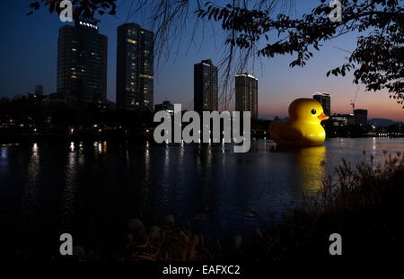 Seoul, Südkorea. 14. November 2014. Eine gigantische Gummiente, entworfen vom holländischen Künstler Florentijn Hofman sieht man schwimmt in Seokchon See, Seoul, Südkorea, auf Freitag, 14. November 2014. Die 300 kg, 54-Fuß hohen Gummiente wurde in Seoul vom 14. Oktober 2014 bis 14. November 2014 als Teil einer Werbeaktion für Lotte World Tower ausgestellt.  Bildnachweis: Jone Ri/Alamy Live-Nachrichten Stockfoto