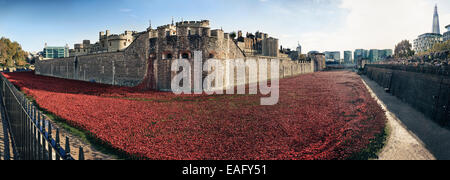 Panoramablick auf Keramik Mohnblumen am Tower of London zur Hundertjahrfeier des 1. Weltkrieges zu gedenken Stockfoto