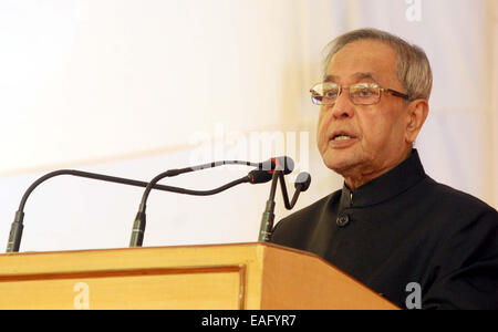 Neu-Delhi, Indien. 14. November 2014. Indischer Präsident Pranab Mukherjee befasst sich mit die Einweihung von der 34. Indien International Trade Fair (IITF) in Neu-Delhi, Indien, 14. November 2014. © Partha Sarkar/Xinhua/Alamy Live-Nachrichten Stockfoto