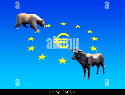 Bulle und Bär vor der 12 gegründet Euro Stars Stockfoto