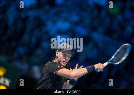 O2 Arena, London, UK. 14. November 2014. Barclays ATP round Robin-Match Singles Spieler Novak DJOKOVIC (SRB) gegen Tomas BERDYCH (CZE). Bildnachweis: Malcolm Park Leitartikel/Alamy Live-Nachrichten Stockfoto