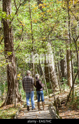 Ein paar Spaziergänge die Strandpromenade Schleife durch Congaree Nationalpark, die größte intakte Weite des alten Flussniederung Laubwald im Südosten der Vereinigten Staaten in Columbia, South Carolina. Stockfoto