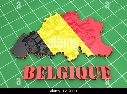 Abbildung 3D Karte von Belgien mit Flagge und Wappen Stockfoto
