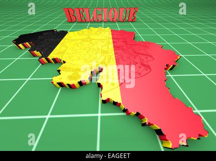 Abbildung 3D Karte von Belgien mit Flagge und Wappen Stockfoto