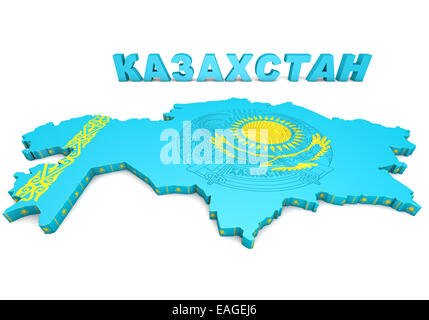3D-Illustration Karte von Kasachstan mit Flagge und Wappen Stockfoto