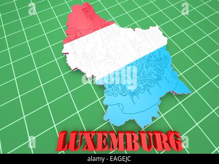 3D-Illustration Karte von Luxemburg mit Flagge und Wappen Stockfoto