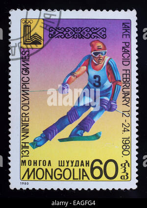 Mongolei - circa 1980: eine Briefmarke gedruckt im mongolischen zeigt Bild des 13. Olympischen Winterspiele Lake Placid 1980, Serie Stockfoto