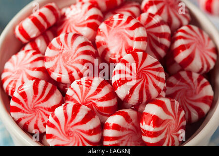 Süße rote und weiße Peppermint Candy in einer Schüssel Stockfoto