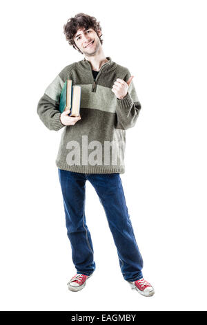 eine hübsche Studentin mit einige Bücher über einen weißen Hintergrund isoliert Stockfoto